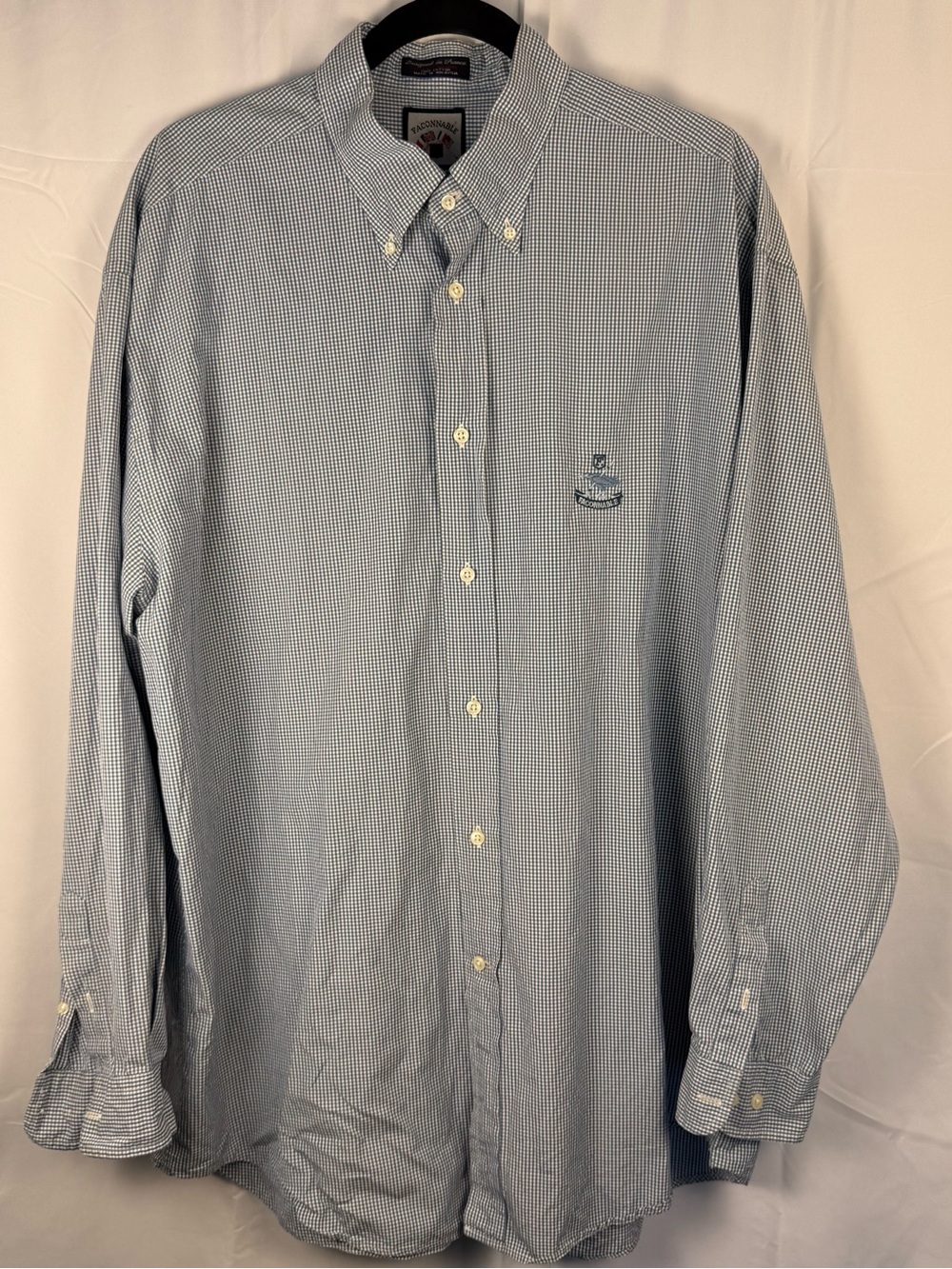 Faconnable Blue Gingham Button Down Shirt Men’s XL Embroidered Logo